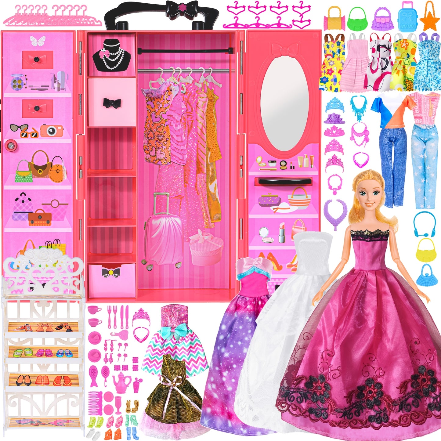 Fashion Doll Wardrobe Set 140pcs for 11.5 Inch Dolls – Deluxe Closet with Wedding Dress, Evening Gowns, Princess Dresses, Shoes, Necklaces & Accessories, Doll Included, Gift for Girls Ages 6-12
