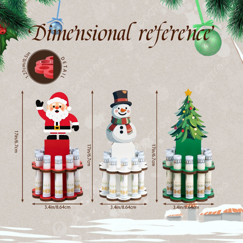 Christmas Money Tree Holder 3-Pack – Wooden Bill Dispenser Ornament with 10 Slots, Holiday Money Gift Display Stand, Table Decor for Winter Party Favors Stocking Stuffers