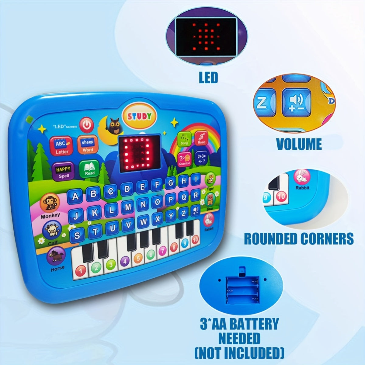 Kids Multifunctional Tablet Learning Machine with Alphabet, Numbers, Music, Animals And Piano Keys, Educational Toy for Ages 3+, Durable Plastic, Battery Operated (Batteries Not Included), Blue And Pink