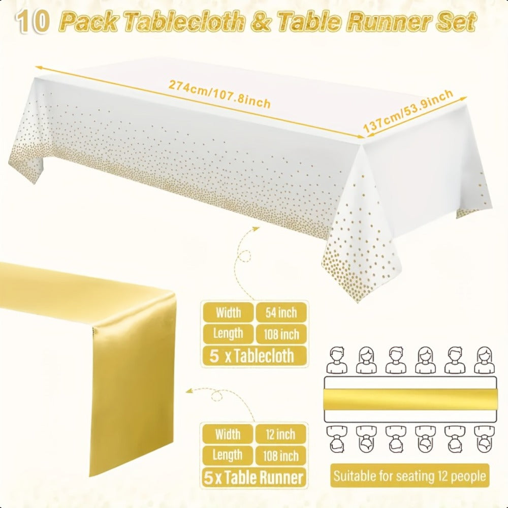 Disposable Tablecloth & Table Runner Set 10 Pack White & Gold Plastic Party Table Covers for Wedding, Birthday, Graduation, Anniversary – Elegant Party Decorations Bulk