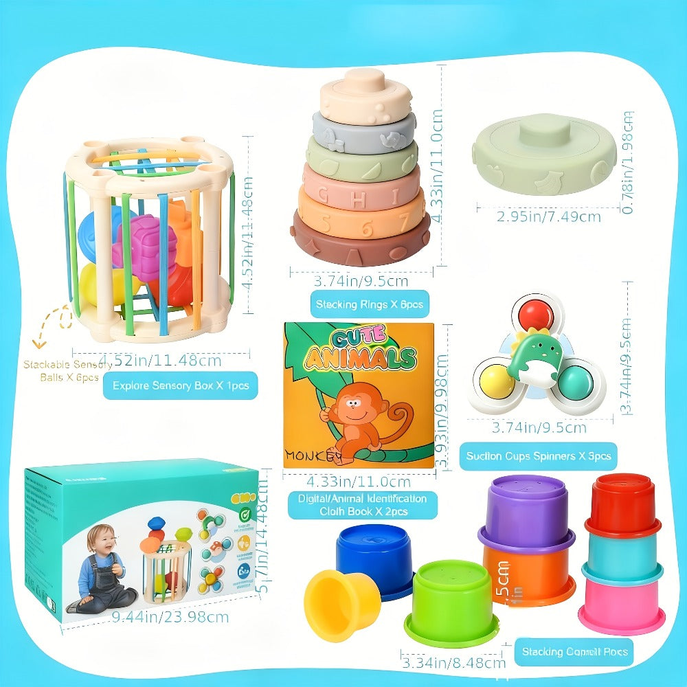3-in-1 Sensory Stacking Toy Set for Toddlers – Hand-Eye Coordination & Fine Motor Skills Activity Kit with Soft Cloth Book, Spinning Top & Stacking Cups, Birthday Easter Gift for Baby Boys & Girls