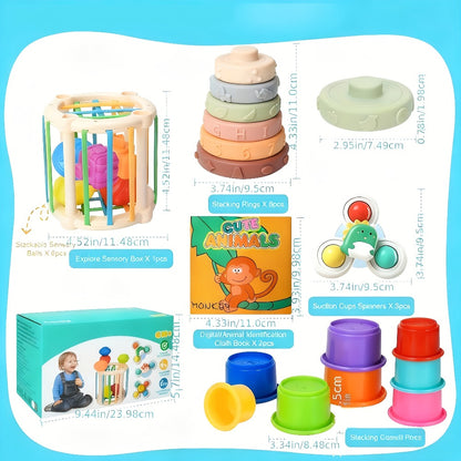 3-in-1 Sensory Stacking Toy Set for Toddlers – Hand-Eye Coordination & Fine Motor Skills Activity Kit with Soft Cloth Book, Spinning Top & Stacking Cups, Birthday Easter Gift for Baby Boys & Girls