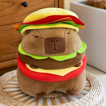 Capybara Plush Stuffed Animal Hamburger — Funny Cute Kawaii Capybara with Burger Hat Soft Plush Toy, Couch Pillow Doll, Unique Gift for Girls Kids Teens, Birthday Christmas Gift