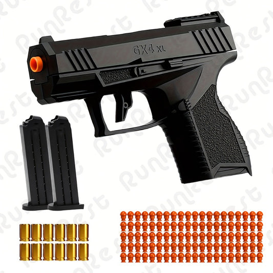 Soft Bullet Toy Gun with Jumping Shell & 2 Magazines – 100 Bullets 12 Shells Auto Rebound Decompression Pistol Shooting Toy for Kids Boys Ages 6+, Indoor Outdoor Play Birthday Gift