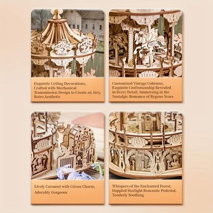Rotating Merry-Go-Round Wooden Puzzle Kit – Mechanical Carousel 3D Model for Adults & Teens, DIY Kinetic Display Piece, Unique Christmas Birthday Gift (Treehouse, Cello, Airship, Pumpkin Styles)
