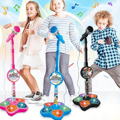 Kids Karaoke Microphone with Stand & Amplifier – Singing Toy for Girls Boys Age 3+, Random Print Design, Birthday Gift, Blue / Black / Pink
