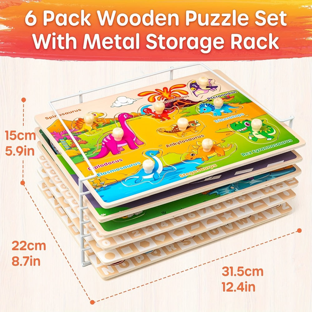 6-in-1 Wooden Puzzle Set for Toddlers 1 2 3 Year Old – Alphabet Number Shape Animal Dinosaur Vehicle Puzzles with Storage Rack, STEM Educational Learning Toy Gift for Baby Boys Girls