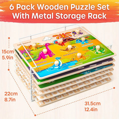 6-in-1 Wooden Puzzle Set for Toddlers 1 2 3 Year Old – Alphabet Number Shape Animal Dinosaur Vehicle Puzzles with Storage Rack, STEM Educational Learning Toy Gift for Baby Boys Girls