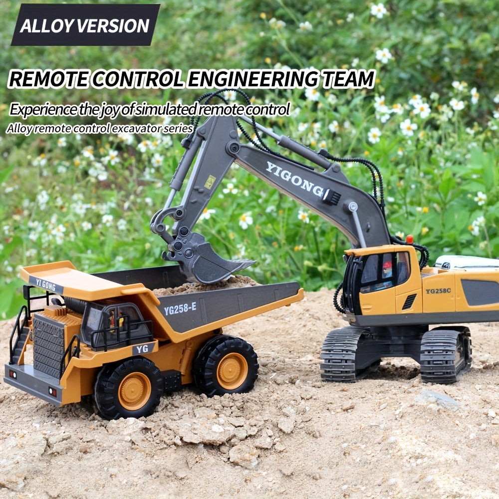 RC Excavator Toy 1:24 Scale 2.4GHz 9-Channel with Alloy Metal Cap Lights Sound Rechargeable Battery, Remote Control Construction Truck for Boys Ages 6+, Birthday Christmas Gift Multiple Colors