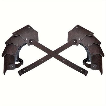 Medieval Shoulder Armor Double Pauldron for Men & Women – Embossed PU Faux Leather Warrior Pauldrons for Halloween LARP Cosplay Renaissance Fair Theater, Khaki Dark Brown Black