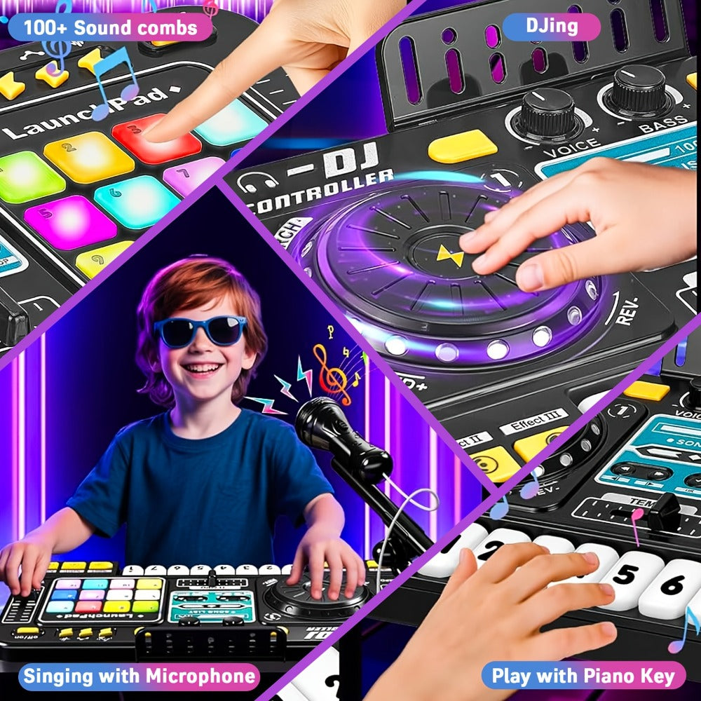 Children's Multi-functional DJ Mixing Controller Set Toy, with LED Lights, Sound Effects, Microphone, And Piano DJ Keyboard Instrument. An Interactive Music Toy for Children, Featuring Over 100 Sound Effects, Piano Keys, Disco Mode, And Rechargeable