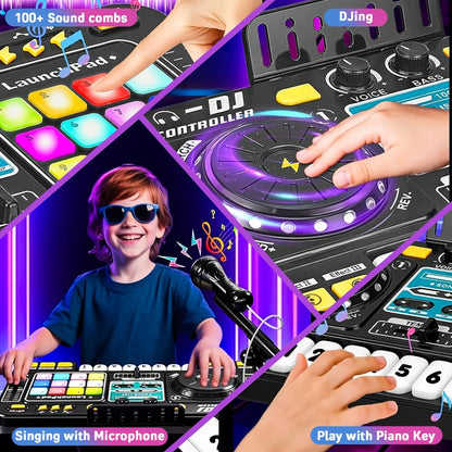Children's Multi-functional DJ Mixing Controller Set Toy, with LED Lights, Sound Effects, Microphone, And Piano DJ Keyboard Instrument. An Interactive Music Toy for Children, Featuring Over 100 Sound Effects, Piano Keys, Disco Mode, And Rechargeable