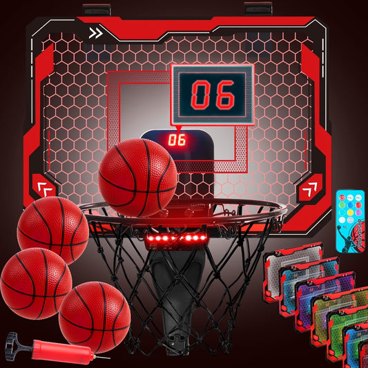 Mini Indoor Basketball Hoop, Light Up Over The Door Basketball Hoop for Kids with Scoreboard & 4 Balls, Bedroom Indoor Basketball, Basketball Toys Gifts for Boys Girls Ages 3 and UP(Red)