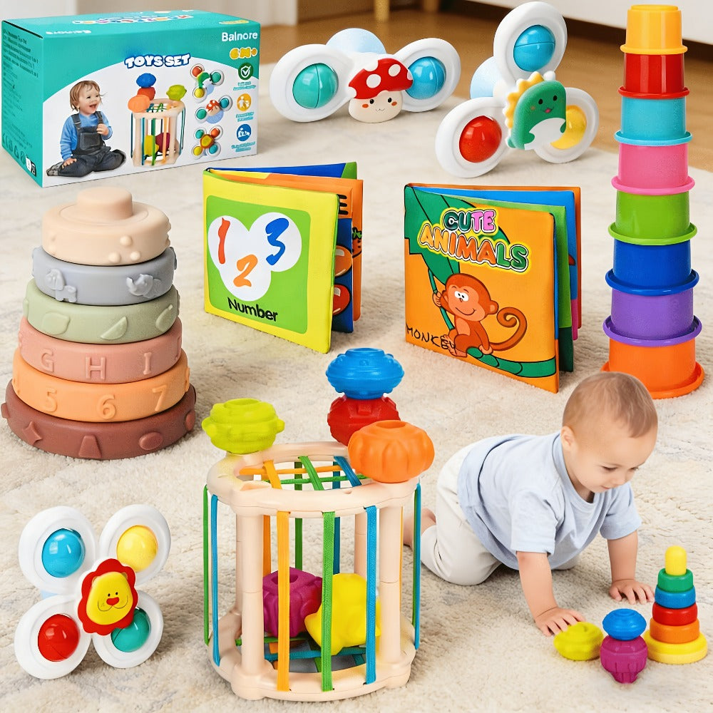 3-in-1 Sensory Stacking Toy Set for Toddlers – Hand-Eye Coordination & Fine Motor Skills Activity Kit with Soft Cloth Book, Spinning Top & Stacking Cups, Birthday Easter Gift for Baby Boys & Girls