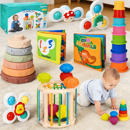 3-in-1 Sensory Stacking Toy Set for Toddlers – Hand-Eye Coordination & Fine Motor Skills Activity Kit with Soft Cloth Book, Spinning Top & Stacking Cups, Birthday Easter Gift for Baby Boys & Girls
