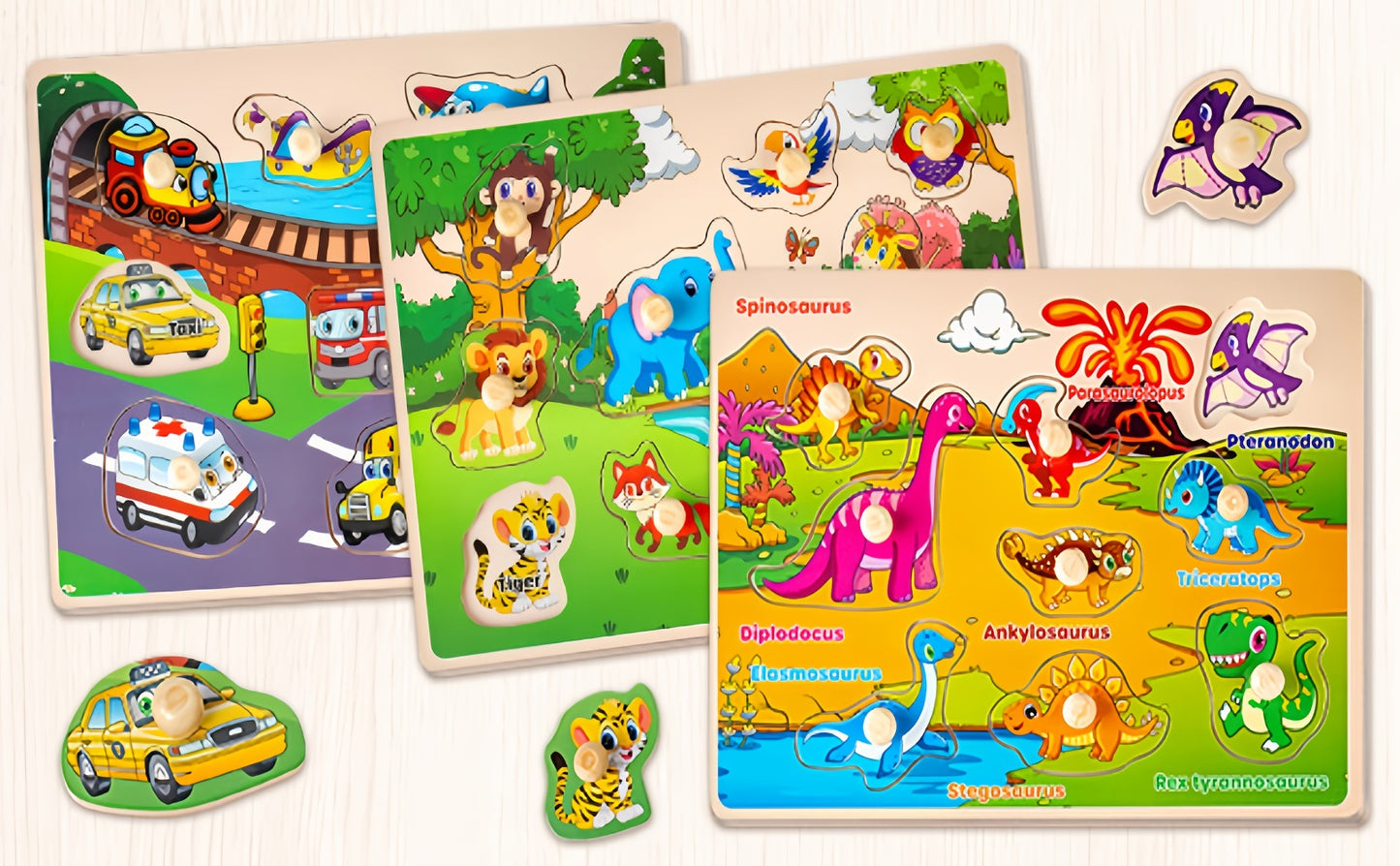 6-in-1 Wooden Puzzle Set for Toddlers 1 2 3 Year Old – Alphabet Number Shape Animal Dinosaur Vehicle Puzzles with Storage Rack, STEM Educational Learning Toy Gift for Baby Boys Girls