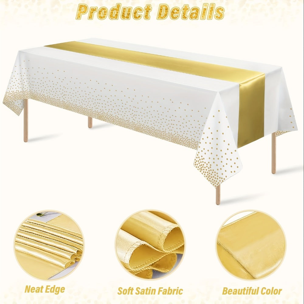 Disposable Tablecloth & Table Runner Set 10 Pack White & Gold Plastic Party Table Covers for Wedding, Birthday, Graduation, Anniversary – Elegant Party Decorations Bulk