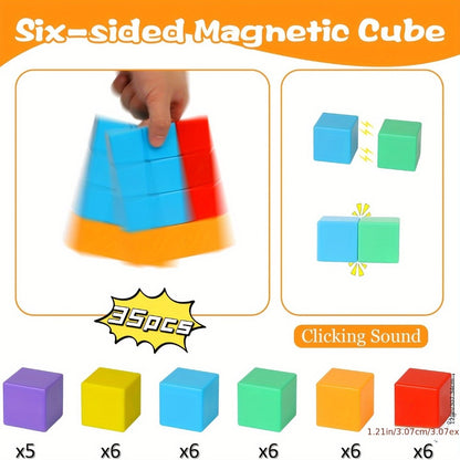 Magnetic Cube Building Blocks 35 Pcs for Toddlers Rainbow Sensory STEM Toy Ages 3-5 – Safe Large Sealed Magnet Blocks for Boys & Girls, Bath Toy, Educational Construction Gift