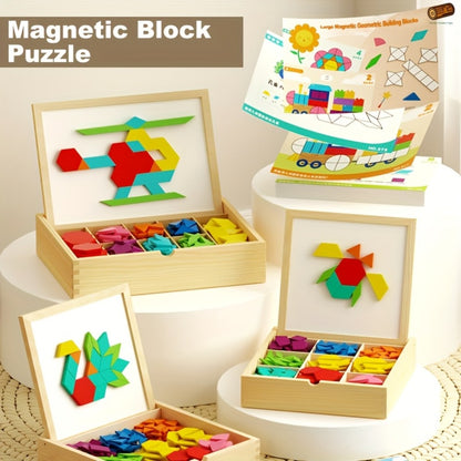 Magnetic Wooden Puzzle Blocks 128 180 220 Piece Set – Geometric Figures Cognitive Learning STEM Toy for Kids, Creative Jigsaw Building Gift for Toddlers & Children