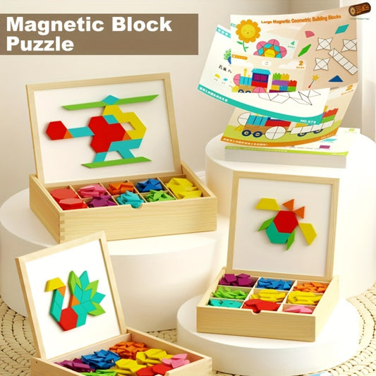 Magnetic Wooden Puzzle Blocks 128 180 220 Piece Set – Geometric Figures Cognitive Learning STEM Toy for Kids, Creative Jigsaw Building Gift for Toddlers & Children