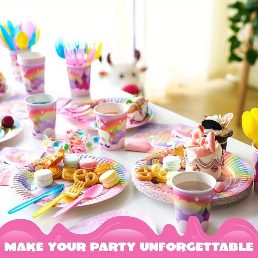 Unicorn Party Supplies 145 Pcs for 24 Guests – Disposable Tableware Set with Plates, Cups, Napkins, Cutlery & Happy Birthday Banner for Unicorn Theme Birthday Party Decorations