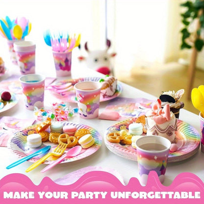 Unicorn Party Supplies 145 Pcs for 24 Guests – Disposable Tableware Set with Plates, Cups, Napkins, Cutlery & Happy Birthday Banner for Unicorn Theme Birthday Party Decorations