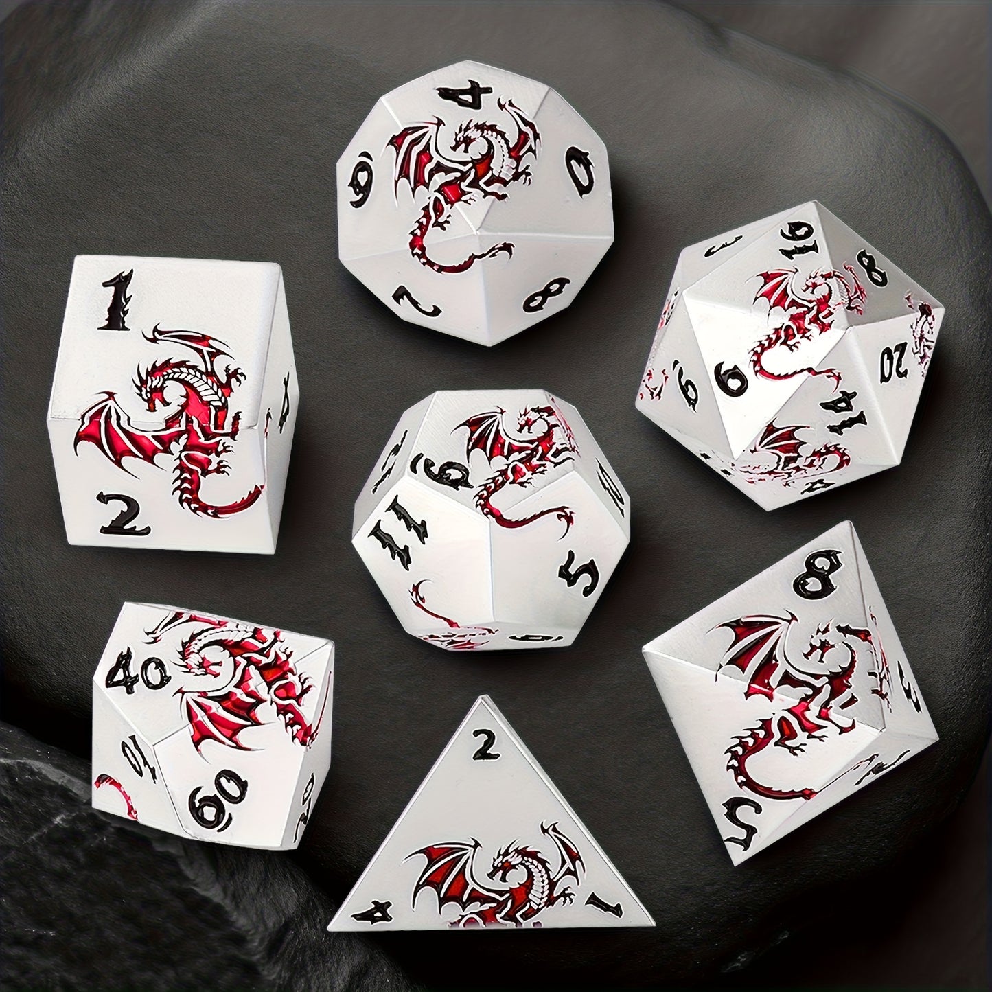 7pcs Of Retro Metal Dice Set, Finely Carved Pattern Fonts And Dragon Patterns, Including A Storage Bag with Dragon Patterns, Essential for TRPG Games, Tabletop Role-playing Game Props, Polyhedral Dice, D20 D12 D10 D8 D6 D4, Handmade Polishing