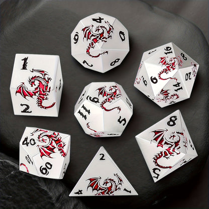 7pcs Of Retro Metal Dice Set, Finely Carved Pattern Fonts And Dragon Patterns, Including A Storage Bag with Dragon Patterns, Essential for TRPG Games, Tabletop Role-playing Game Props, Polyhedral Dice, D20 D12 D10 D8 D6 D4, Handmade Polishing