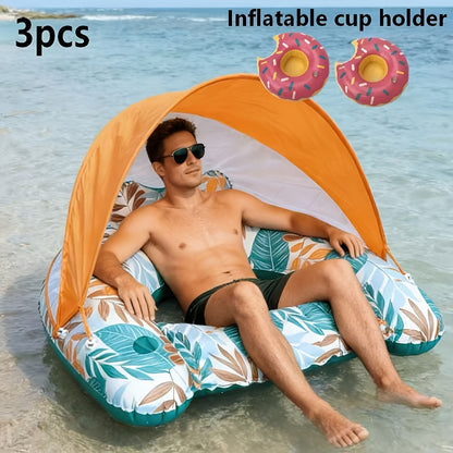 Inflatable Swimming Pool Floats With Canopies, Tropical Leaf-print Floating Loungers With Cup Holders, Perfect For Adult Summer Beach Parties, Pool Parties, Lakes, And More Excellent Water Toys