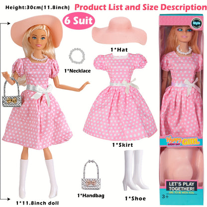 11.5 Inch American Toy Princess Dolls Playset Featuring 6 Pack Fashion with Outfits, Additions Including Handbag, Hat, Crown, Necklace, And Suitcase (Gift Box Included)