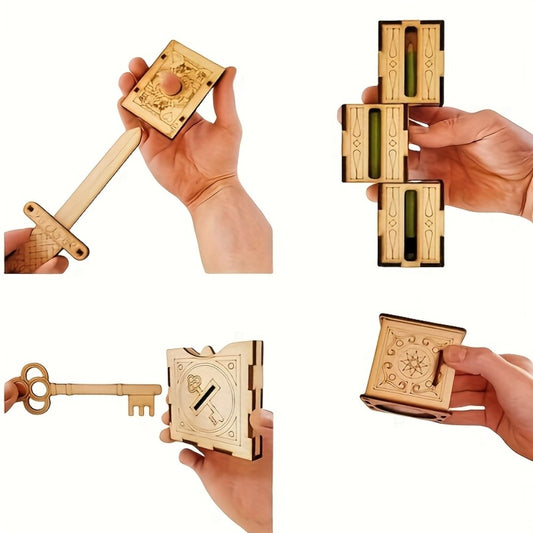 4pcs 3D Wooden Magic Puzzle Set: STEM Kit With Sword Trick, Stage Performances, Coin & Key | Wood Art Illusion Puzzles | Unique Christmas & Holiday Gifts For Adults