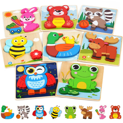 Animal Puzzles 8-Pack Wooden Toddler Puzzles – Colors & Shapes Cognition Learning Toys for Kids Ages 1 2 3, Thinking Training Educational Preschool Gift, Baby Infant Montessori Toy, Christmas Birthday Gift