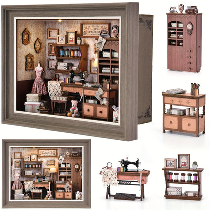 Book Nook Insert Kit DIY 3D Wooden Sewing House Miniature Model Building Set – Bookshelf Decor Craft for Adults Teens, Birthday Christmas Housewarming Gift, Choose Seam House Fireplace or Dwarf Style