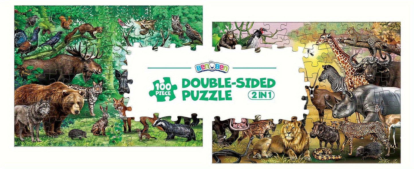Double Sided Jigsaw Puzzles 100pcs for Kids 3-8, Jungle Animal Puzzle Toys for Boys Girls Kids Christmas Gifts Birthday Gift, Thanksgiving Day Present