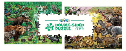 Double Sided Jigsaw Puzzles 100pcs for Kids 3-8, Jungle Animal Puzzle Toys for Boys Girls Kids Christmas Gifts Birthday Gift, Thanksgiving Day Present