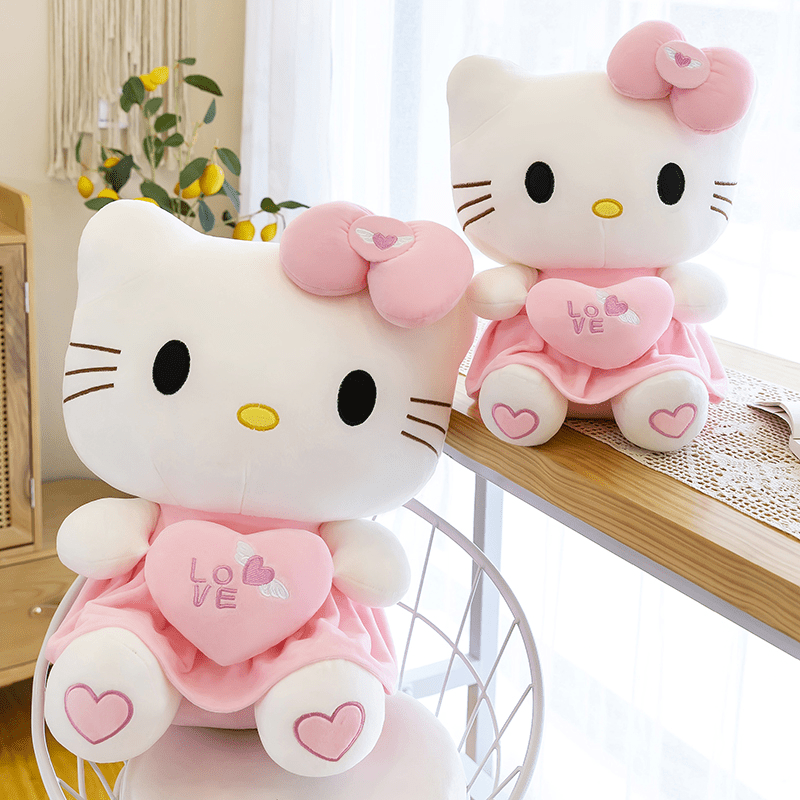 Licensed Sanrio Hello Kitty Plush Doll - Pink & White Kitten with Hugging Heart, Soft Cuddly KT Cat Toy, Officially Licensed Collectible Stuffed Animal, & s, Cute Gift (White Face & Pink Outfit)
