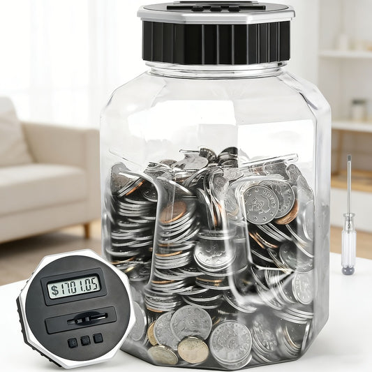 Extra-Large Adult Piggy Bank | Digital Coin Counting Jar with LCD Counter, 2.4-Liter Capacity, Displays Total Amount, Transparent Acrylic, Silvery
