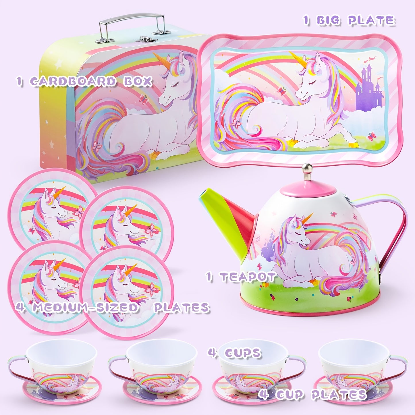 A Whimsical Tea Party Set Featuring Unicorns, Designed for Young Girls. This Pretend Play Pink Tin Teapot Collection Includes a Teapot, Cup, Plate, And a Carrying Case, Perfect for Children Aged 3 And Up. an Ideal Christmas Gift