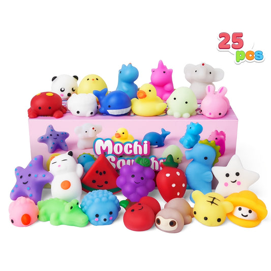 SYNCFUN 25pcs Mini Animals Fruit Mochi Squishies Toys Set Can Be Placed In Easter Eggs, Party Favors for Kids, Basket Stuffers Fillers for Party, Graduation Classroom Prize Supplies, July 4th, Halloween Party Favors Gifts