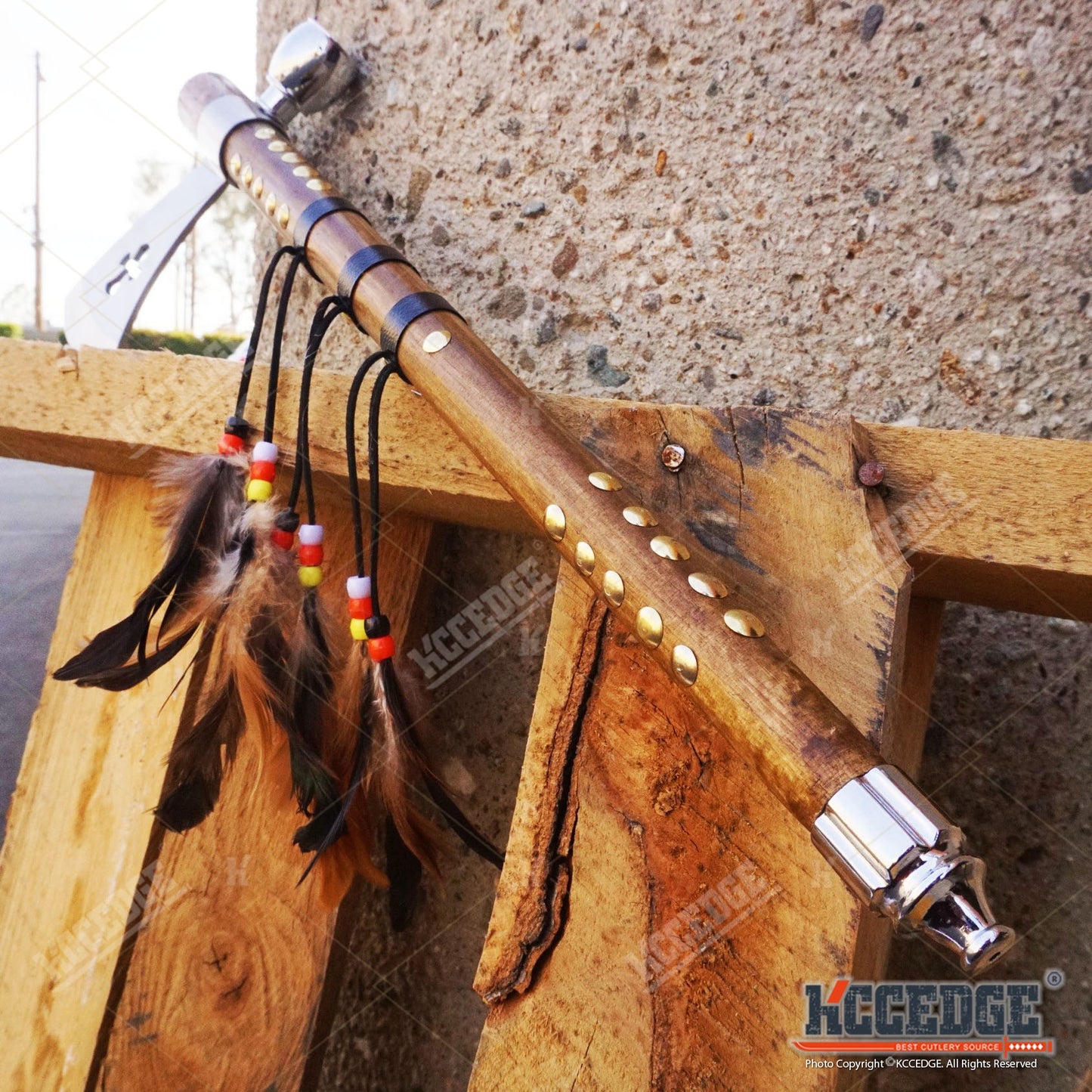 19" Native American Indian Hatchet Tomahawk w/ Non-Functional Peace Pipe Southwestern Style Replica Axe Display with Stainless Steel Bowl & Wooden Handle - Wrapped Shaft with Feather & Brass Accents - Decorative Hatchet Collectible for Western Decor & Cul