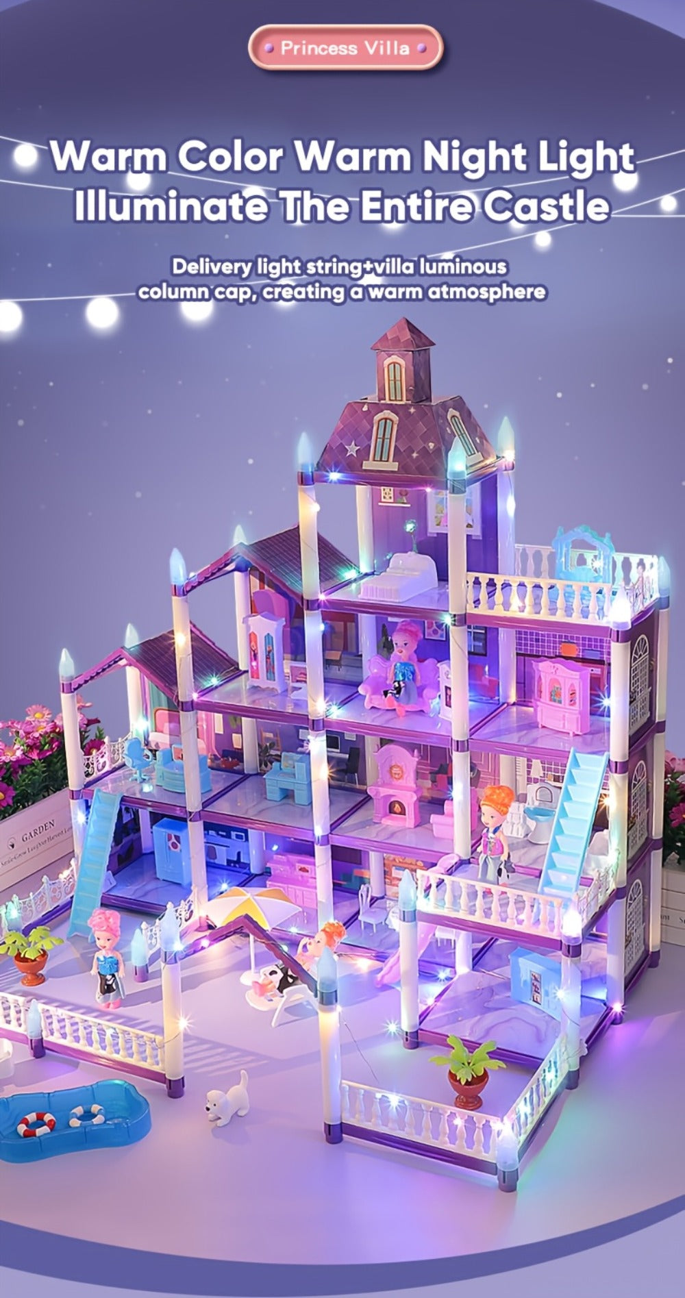 LED Dollhouse Playset for Girls – Purple Multi-Room Playhouse with Doll Figures, Puppies, Furniture & LED Lighting, 6 to 16 Room Options, Creative Imaginative Gift for Girls Ages 3-10 Birthday Christmas