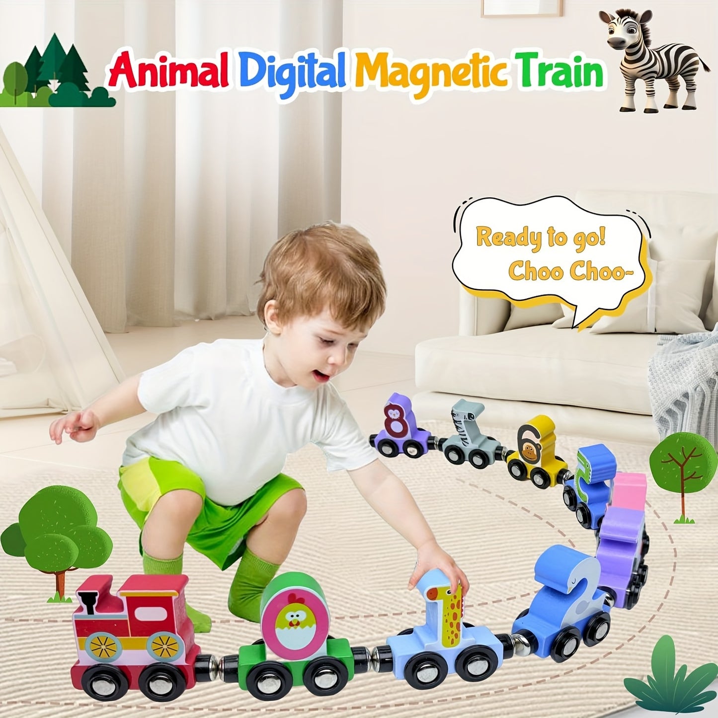 12 Magnetic Wooden Animal Digital Train Set | Suitable For Toddlers Aged 1-3 Years, Ideal Christmas, Birthday, Easter Gift For And, Includes Storage Bag