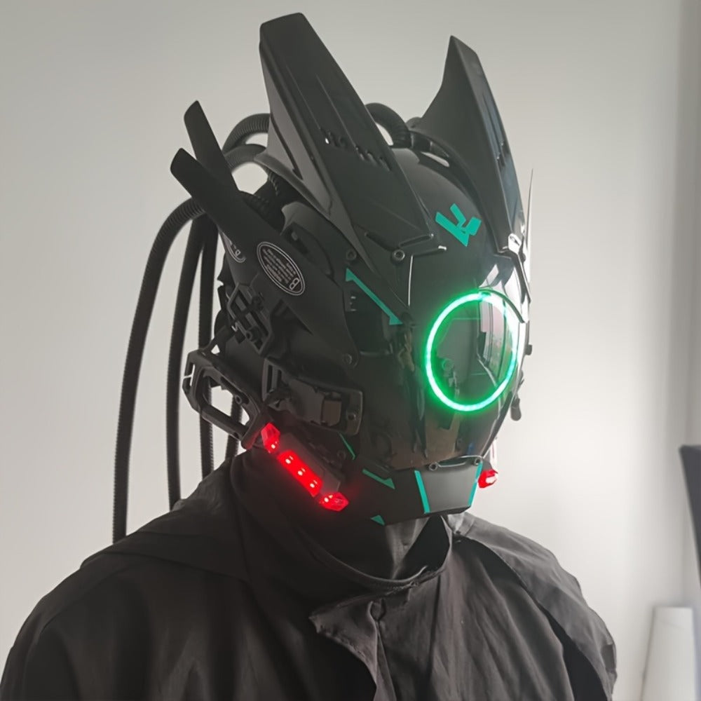 LED Punk Mask with Tubular Braids & Helmet – Futuristic Sci-Fi Mechanical Cosplay Mask for Halloween, Rave Music Festival & Party, Blue Green Pink, Handmade TPU PC Unisex Adult Costume Prop
