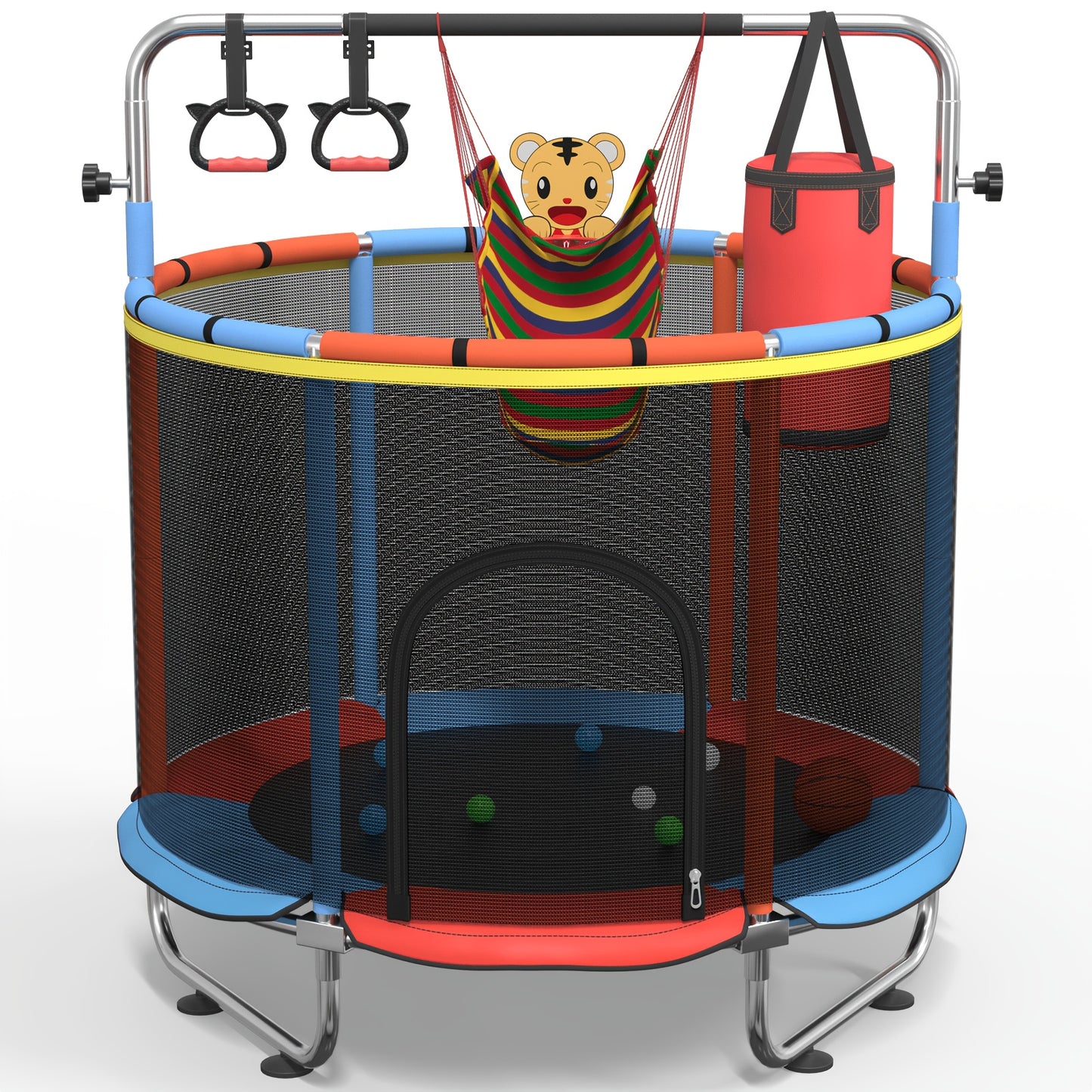 1pc Indoor And Outdoor Trampoline with Gymnastics Bar And Toys, 60" Height Adjustable Trampoline with Enclosure