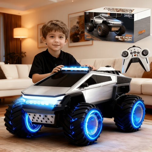 RC Monster Truck 1:12 Scale 4WD 2.4GHz All-Terrain Remote Control Car with LED Lights Sound Effects – Cybertruck & Pickup Truck Boys Gift Kids