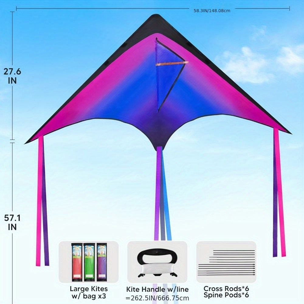 Delta Kite 3 Pack for Kids & Adults – Large Gradient Easy-to-Fly Kites with 262.5 Ft String, 58-Inch Wingspan, Stable in Light Wind, Outdoor Beach & Park Gift for Boys and Girls
