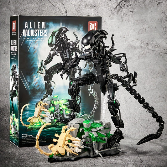 958+Pcs Cool Alien Building Block Set, Assembly of Sci-Fi Movie Battle Character Models in Black ABS, Christmas Gift