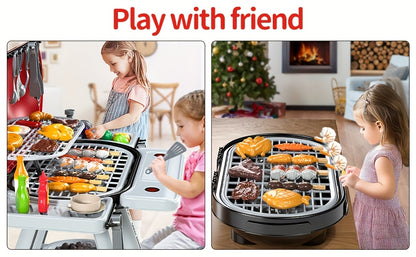 Imaginative BBQ Grill Playset for Kids, Two-Tier Structure, Includes Toy Food Items Like Meats, Fruits, Spices, And a Functional Water Tap, Suitable for Girls Aged 3 And Up