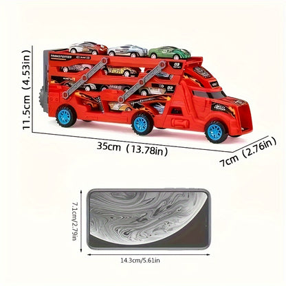 Red Transforming Launcher Truck Playset with 8 Alloy Cars - Foldable Storage Transporter Toy - Durable ABS Construction - Suitable for Ages 3+