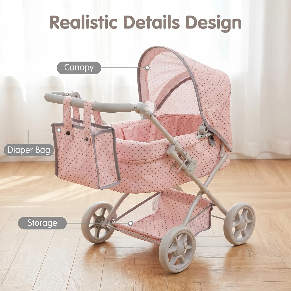 3-in-1 Baby Doll Stroller Set Pink – Foldable Pram with Removable Bassinet & Carry Bag for 14-24 Inch Dolls, Swivel Wheels Adjustable Handle, Role Play Nursery Gift for Girls Ages 3-12